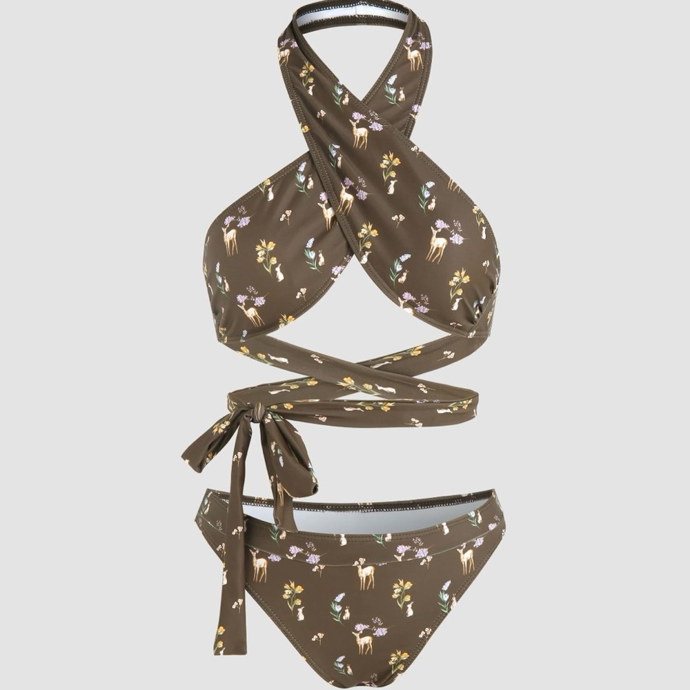 Cider Brown Floral & Deer Print Wrap Halter Bikini Set Size L BRAND NEW WITH TAG
